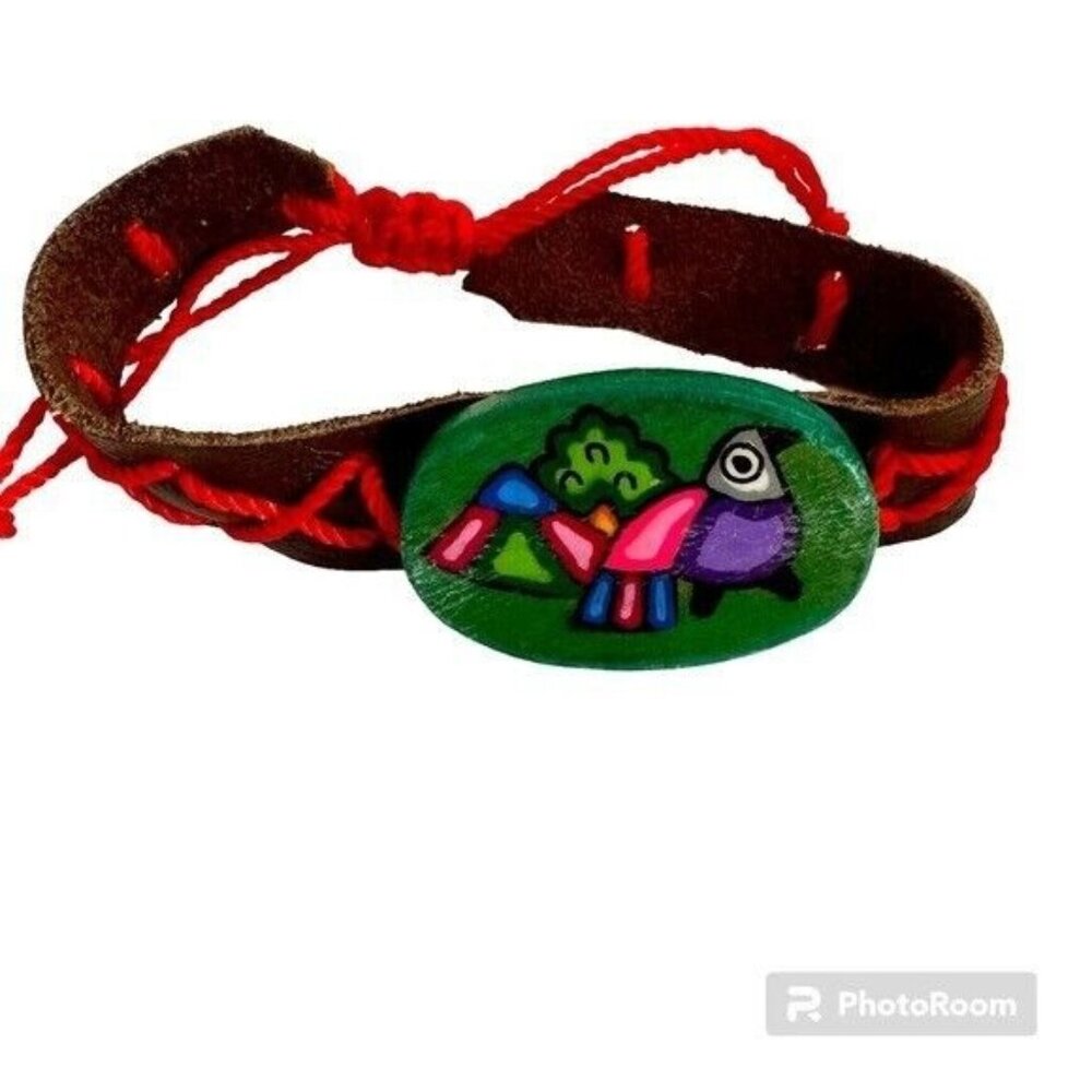 Handmade Central America Leather & Painted Wood Bird Adjustable Bracelet